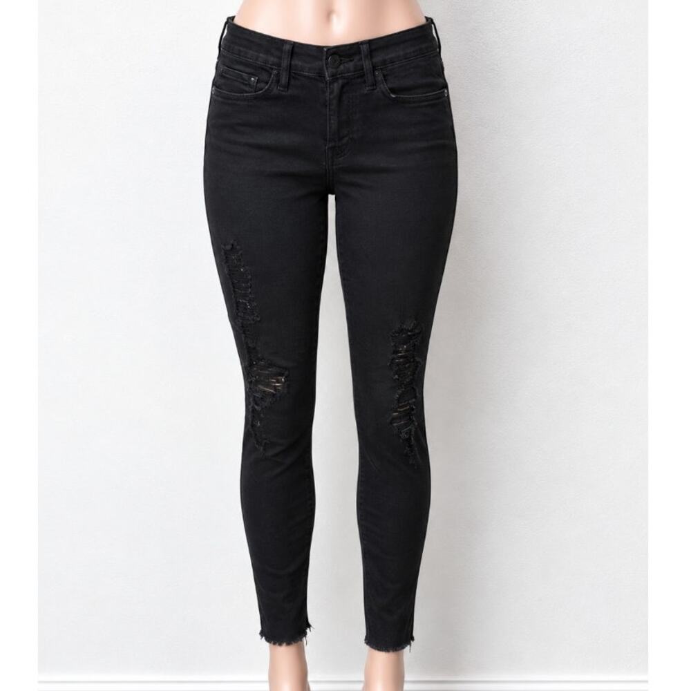 Frame Jet Black Denim Le Skinny de Jeanne Distressed Jean Mid-Rise Raw Hem 27